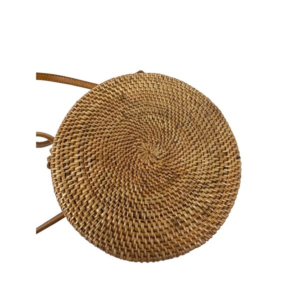 Round Woven Rattan Crossbody Bag With Leather Strap & Snap Closure - Picture 6 of 8